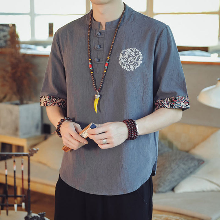 Buddha Stones、カエルボタン、龍の刺繍、中国唐装半袖シャツ、メンズ服 - image 1