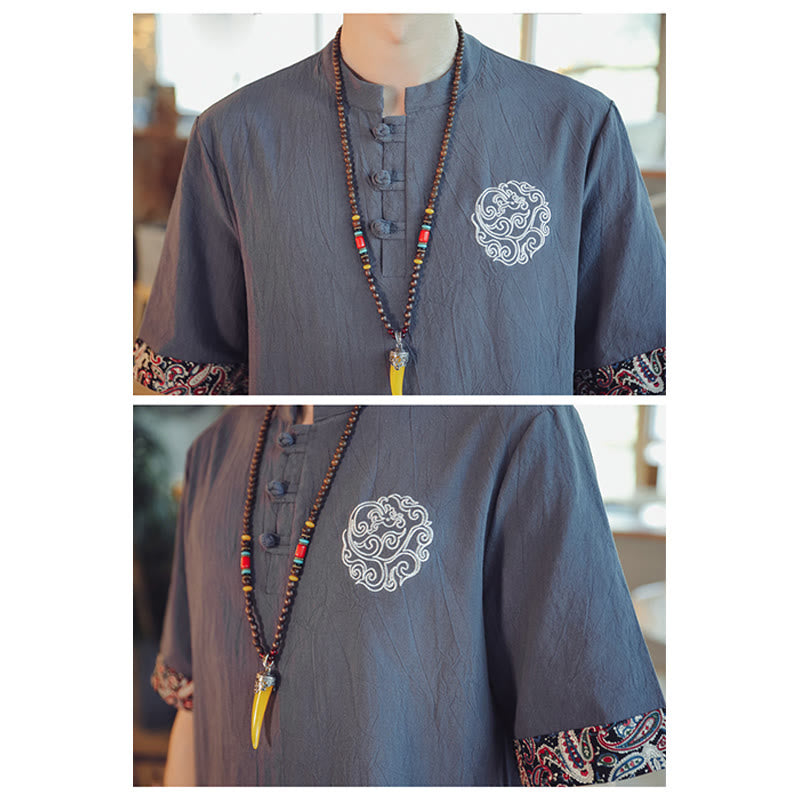 Buddha Stones、カエルボタン、龍の刺繍、中国唐装半袖シャツ、メンズ服 - image 9