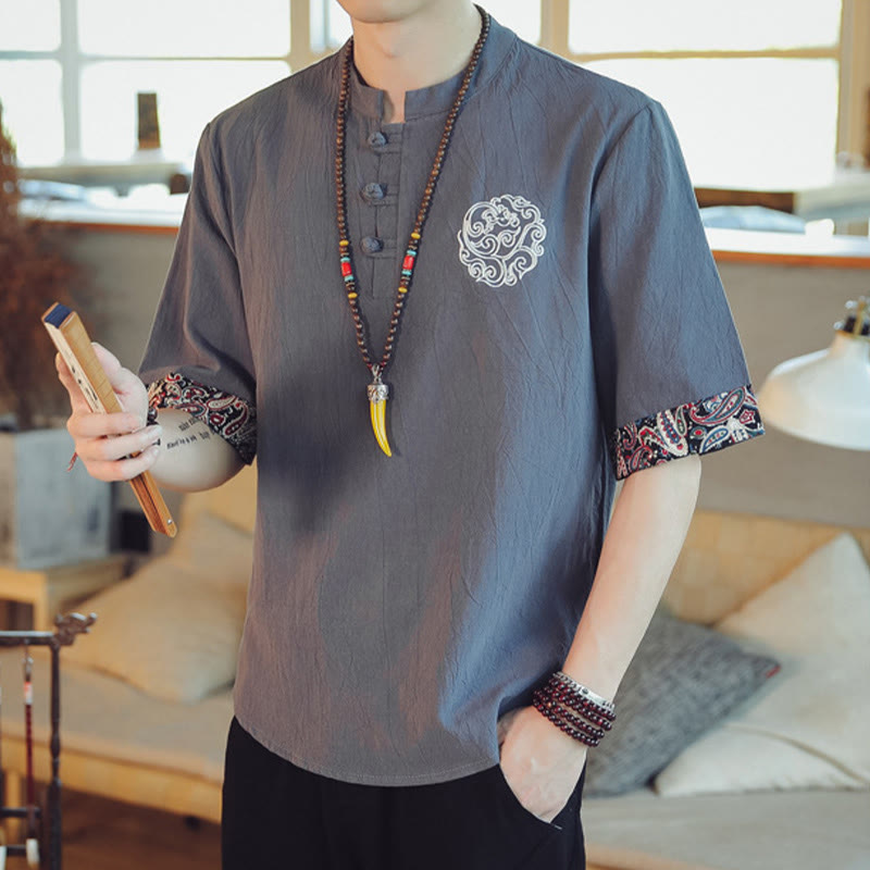 Buddha Stones、カエルボタン、龍の刺繍、中国唐装半袖シャツ、メンズ服 - image 4