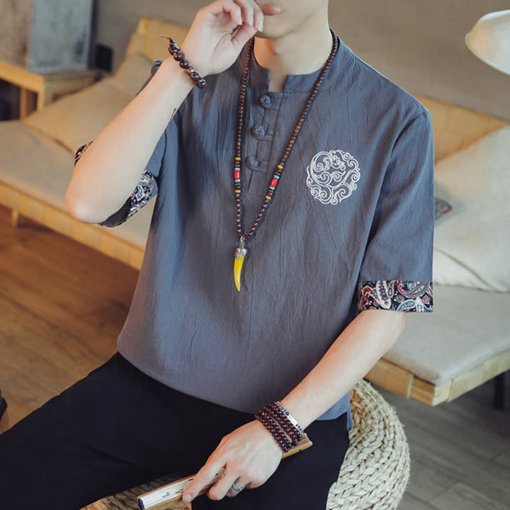 Buddha Stones、カエルボタン、龍の刺繍、中国唐装半袖シャツ、メンズ服 - image 7