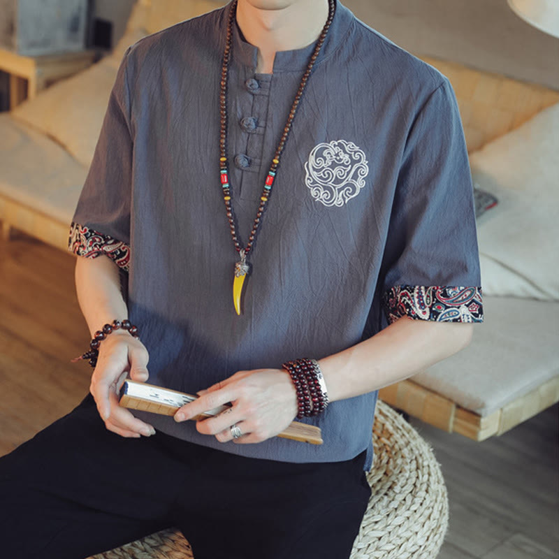 Buddha Stones、カエルボタン、龍の刺繍、中国唐装半袖シャツ、メンズ服 - image 8