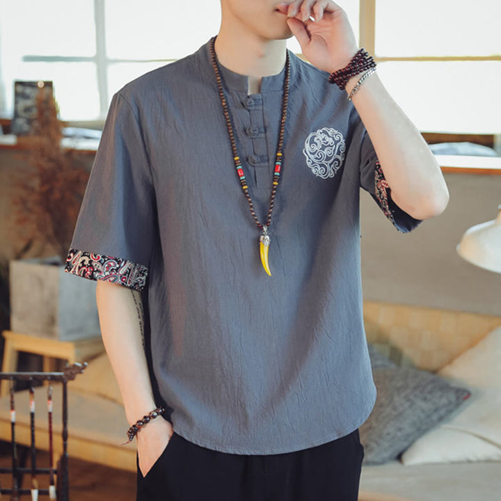 Buddha Stones、カエルボタン、龍の刺繍、中国唐装半袖シャツ、メンズ服 - image 3