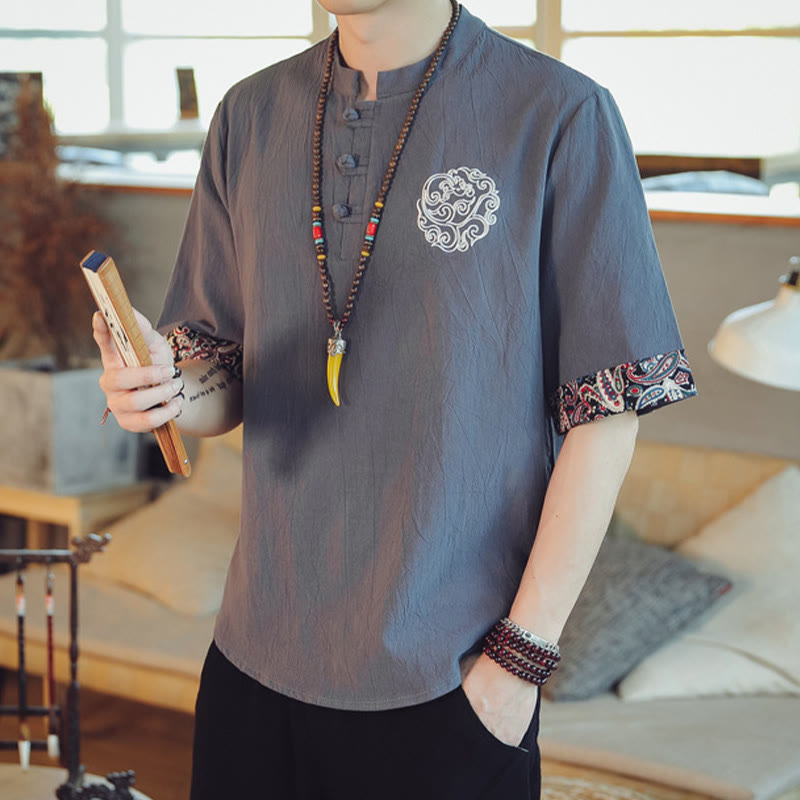 Buddha Stones、カエルボタン、龍の刺繍、中国唐装半袖シャツ、メンズ服 - image 6
