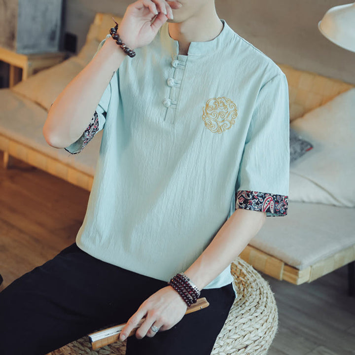 Buddha Stones、カエルボタン、龍の刺繍、中国唐装半袖シャツ、メンズ服 - image 16