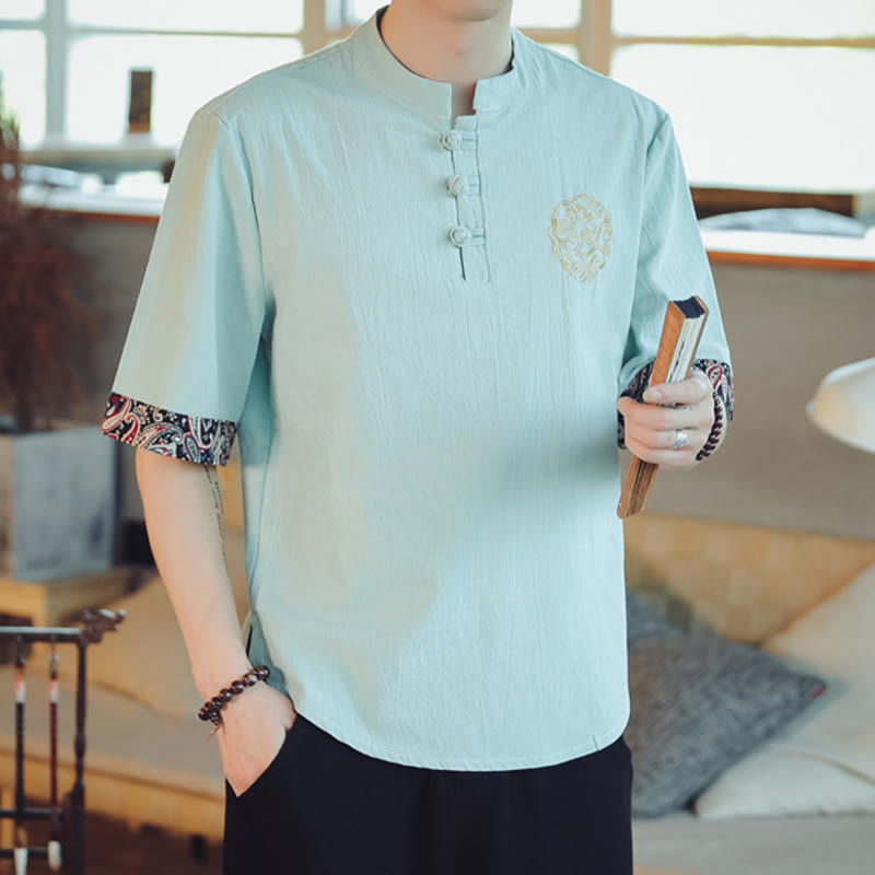 Buddha Stones、カエルボタン、龍の刺繍、中国唐装半袖シャツ、メンズ服 - image 12