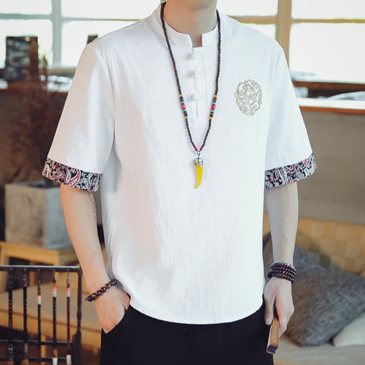 Buddha Stones、カエルボタン、龍の刺繍、中国唐装半袖シャツ、メンズ服 - image 19