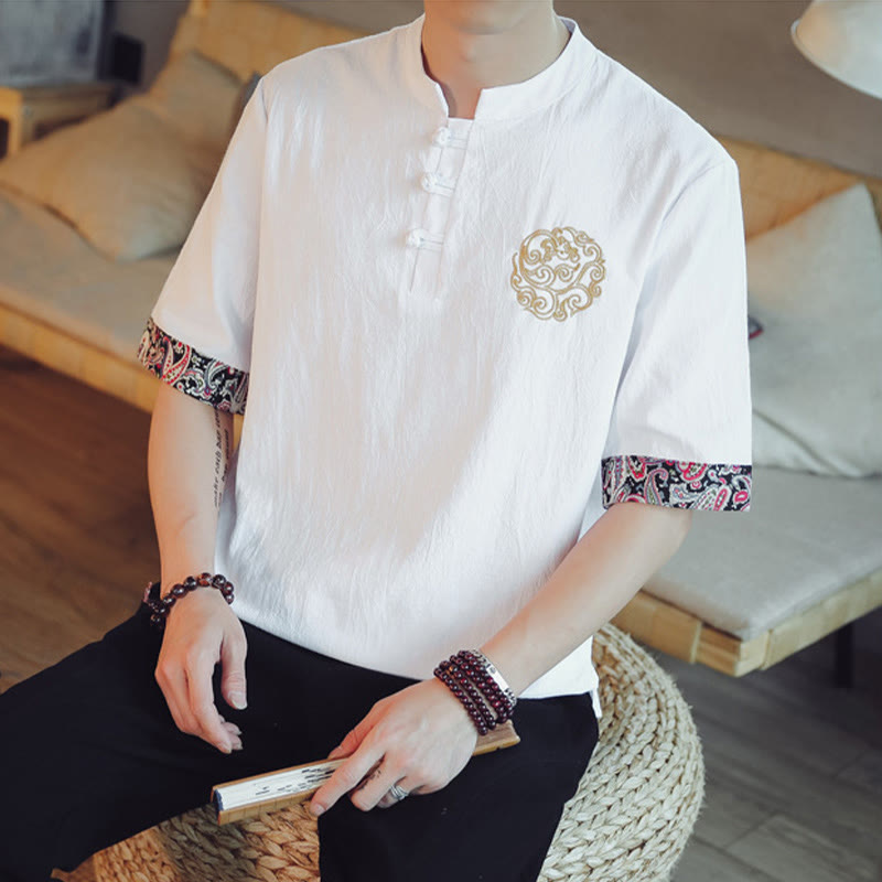 Buddha Stones、カエルボタン、龍の刺繍、中国唐装半袖シャツ、メンズ服 - image 24