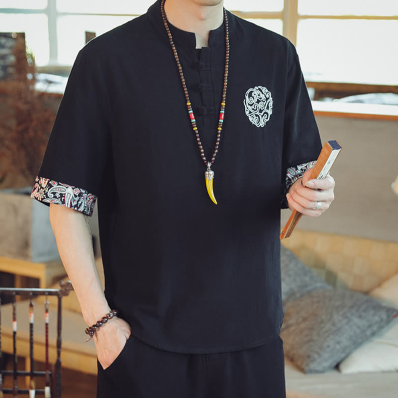 Buddha Stones、カエルボタン、龍の刺繍、中国唐装半袖シャツ、メンズ服 - image 26