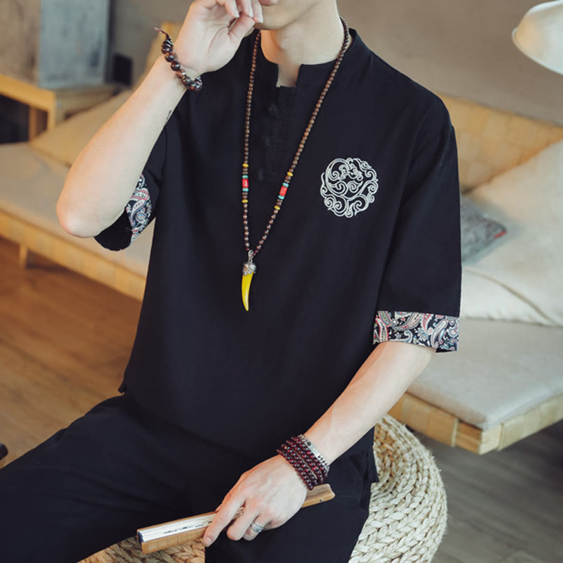 Buddha Stones、カエルボタン、龍の刺繍、中国唐装半袖シャツ、メンズ服 - image 32