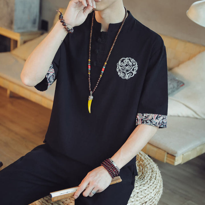 Buddha Stones、カエルボタン、龍の刺繍、中国唐装半袖シャツ、メンズ服 - image 32