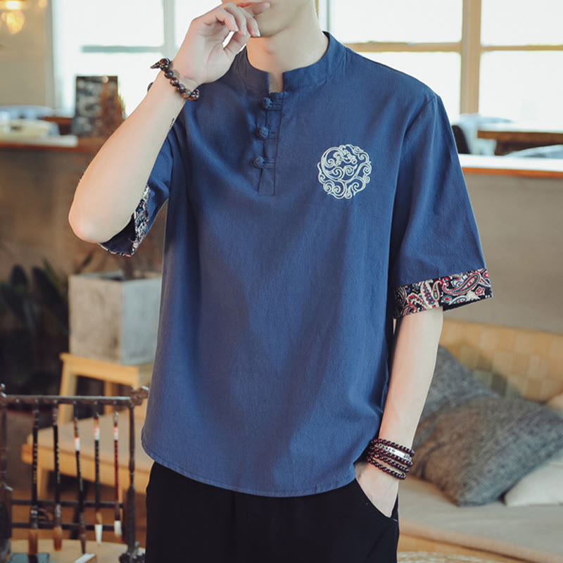 Buddha Stones、カエルボタン、龍の刺繍、中国唐装半袖シャツ、メンズ服 - image 36