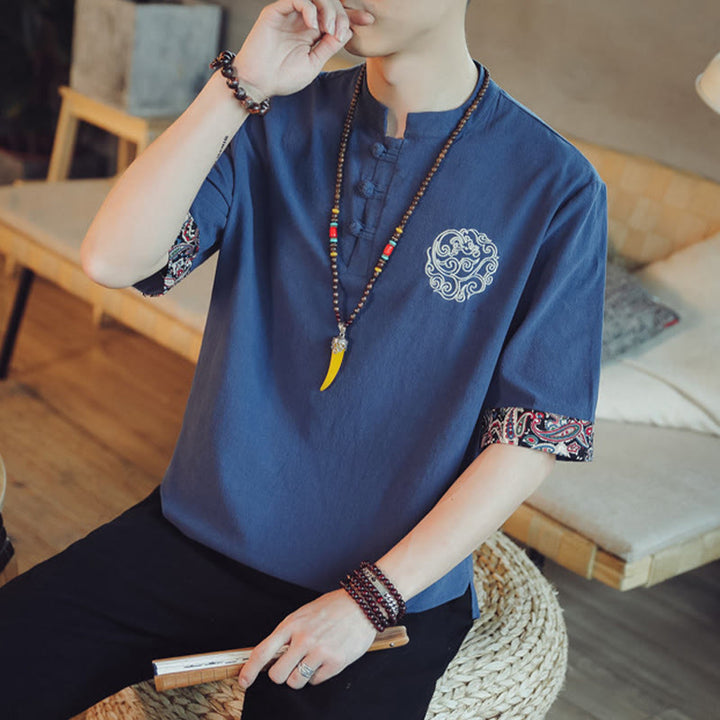 Buddha Stones、カエルボタン、龍の刺繍、中国唐装半袖シャツ、メンズ服 - image 40
