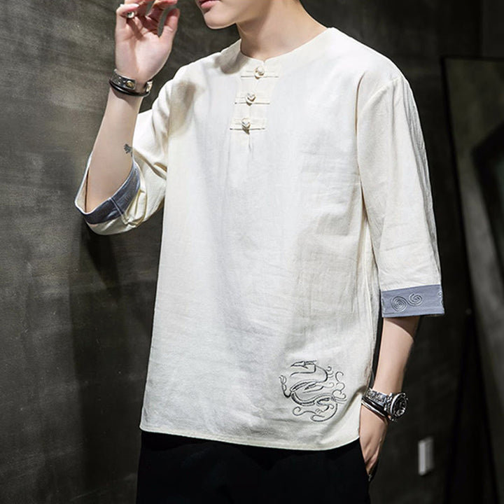 Buddha Stonesカエルボタン ドラゴン刺繍 中国唐装 七分袖シャツ コットンリネン メンズ服 - image 1