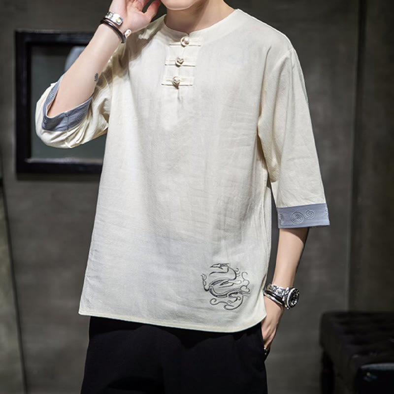 Buddha Stonesカエルボタン ドラゴン刺繍 中国唐装 七分袖シャツ コットンリネン メンズ服 - image 10