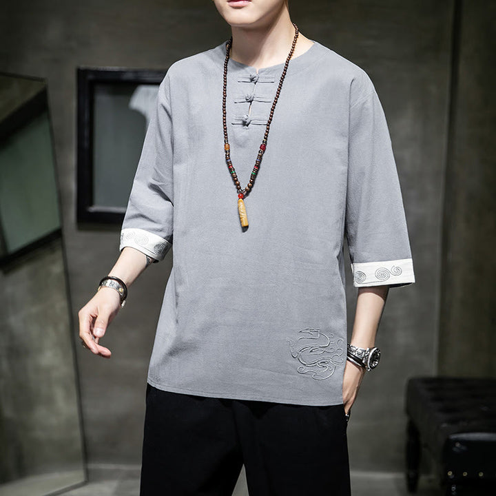 Buddha Stonesカエルボタン ドラゴン刺繍 中国唐装 七分袖シャツ コットンリネン メンズ服 - image 18