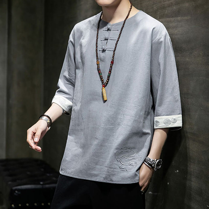 Buddha Stonesカエルボタン ドラゴン刺繍 中国唐装 七分袖シャツ コットンリネン メンズ服 - image 16