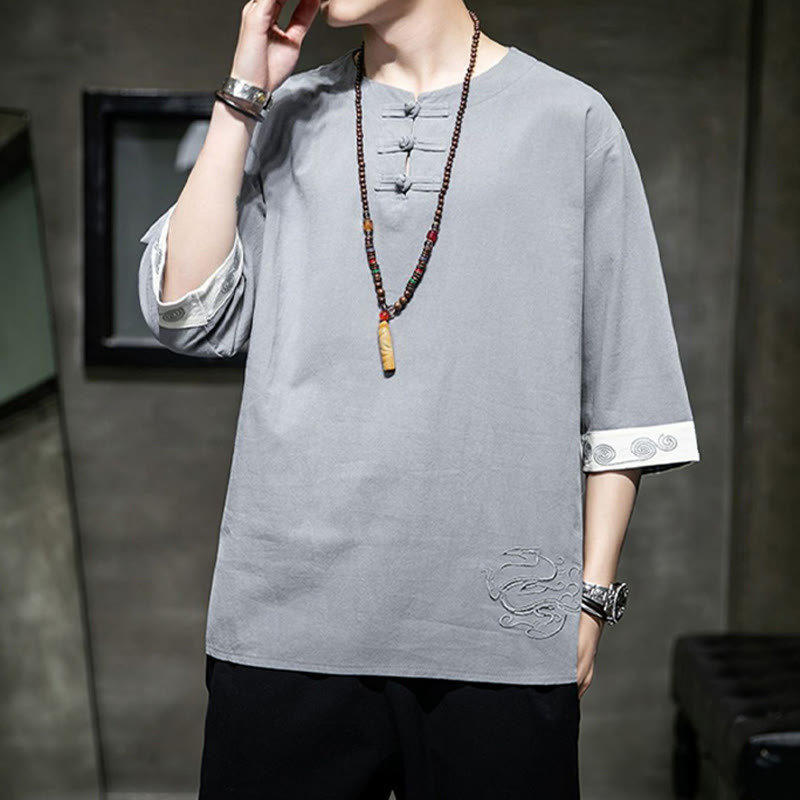 Buddha Stonesカエルボタン ドラゴン刺繍 中国唐装 七分袖シャツ コットンリネン メンズ服 - image 15