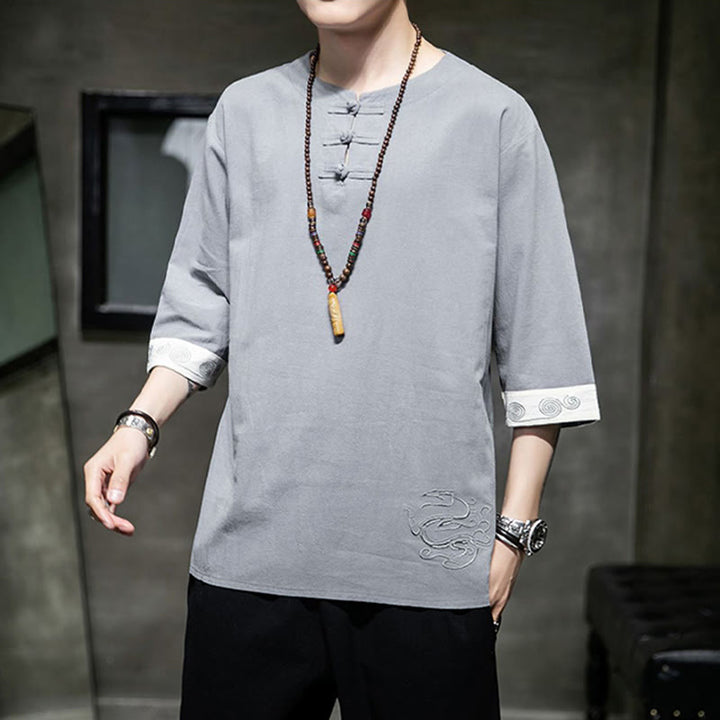 Buddha Stonesカエルボタン ドラゴン刺繍 中国唐装 七分袖シャツ コットンリネン メンズ服 - image 21