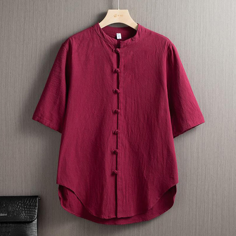 Buddha Stonesカエルボタン 無地 中国唐装 半袖シャツ コットンリネン メンズ服 - インディアンレッド - US/UK/AU46、 EU56 (5XL) - image 1
