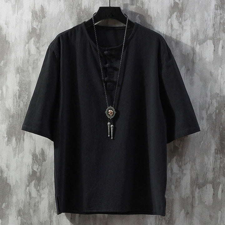 Buddha Stonesカエルボタン 無地 中国唐装 半袖シャツ リネン メンズ 服 - 黒 - US/UK/AU46、 EU56 (5XL)  - image 4