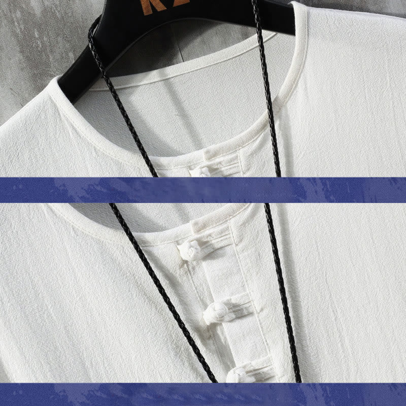 Buddha Stonesカエルボタン 無地 中国唐装 半袖シャツ リネン メンズ 服 - image 2