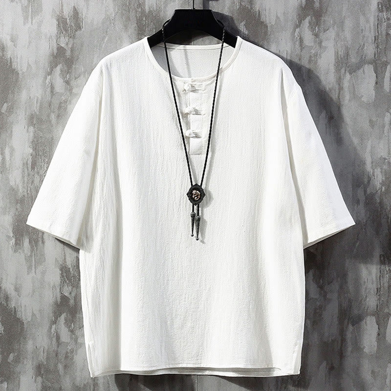 Buddha Stones模様のカエルボタン付き無地中国風唐装半袖シャツ メンズ服 - 白 - US/UK/AU46、 EU56 (5XL)  - image 1