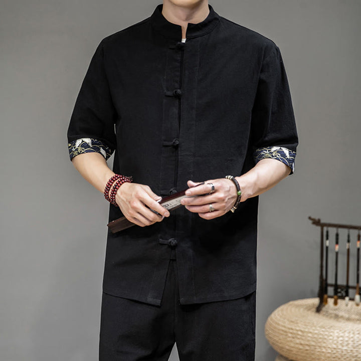 Buddha Stonesカエルボタン 中国唐装 半袖 鶴シャツ リネン メンズ 服 - 黒 - US/UK/AU46、 EU56 (5XL) - image 3