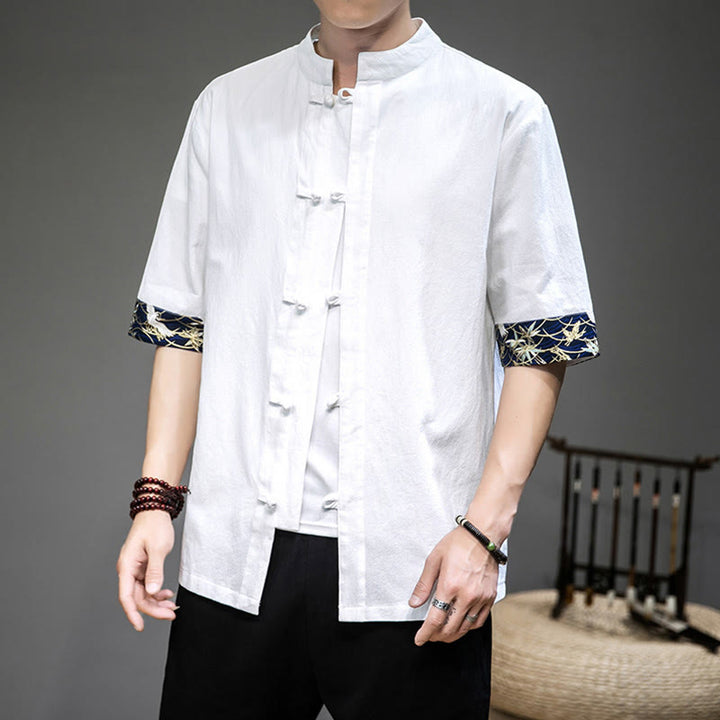 Buddha Stonesカエルボタン 中国唐装 半袖 鶴シャツ リネン メンズ 服 - 白 - US/UK/AU46、 EU56 (5XL) - image 0