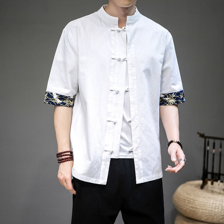 Buddha Stonesカエルボタン 中国唐装 半袖 鶴シャツ ジャケット リネン メンズ 服