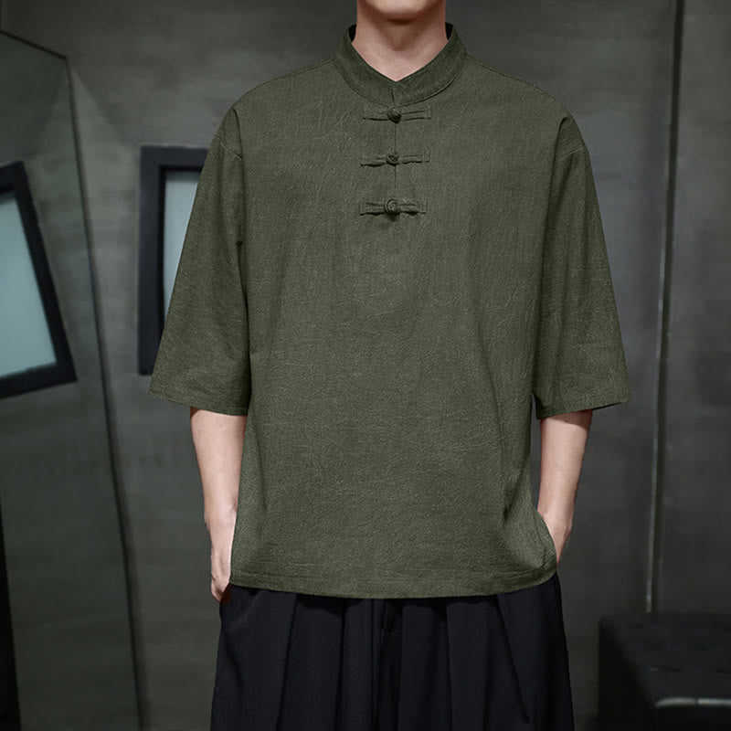 Buddha Stonesメンズ 中国風 カエルボタン 唐装 半袖 コットンリネン シャツ - ダークオリーブグリーン - US/UK/AU46、 EU56 (5XL)  - image 0