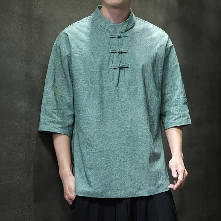 Buddha Stonesメンズ 中国風 カエルボタン 唐装 半袖 コットンリネン シャツ - ミディアムアクアマリン - US/UK/AU46、 EU56 (5XL)  - image 5