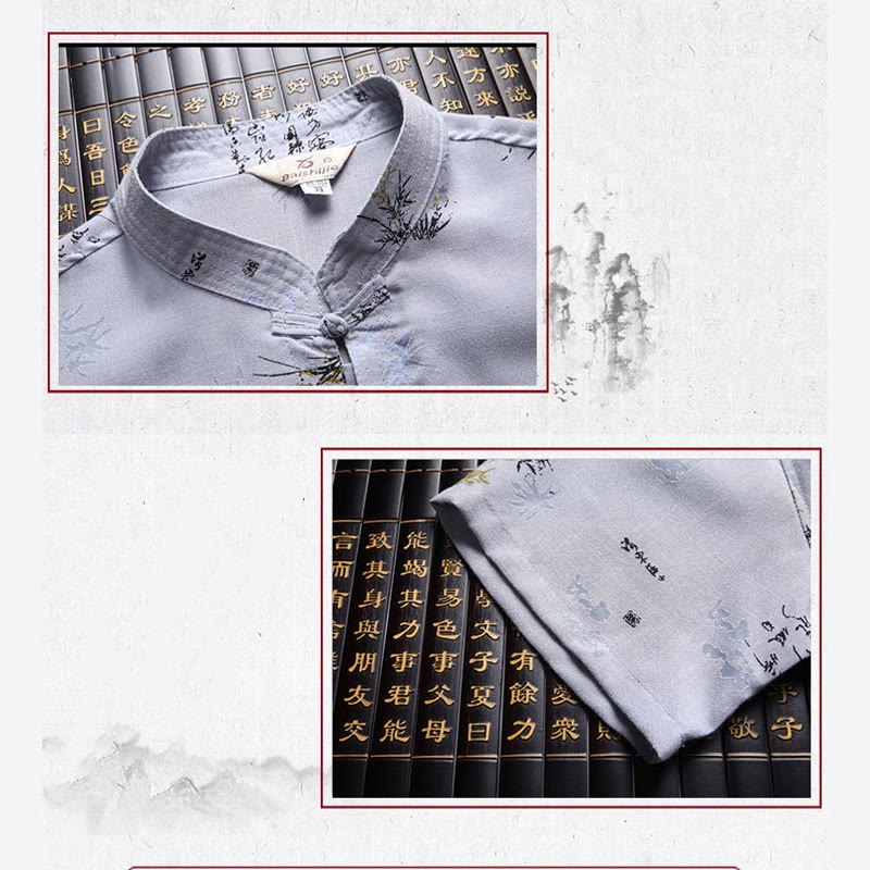 Buddha Stonesカエルボタン フーキャラクター ドラゴン 竹の葉 中国唐装 半袖シャツ リネン ポケット付き - image 11