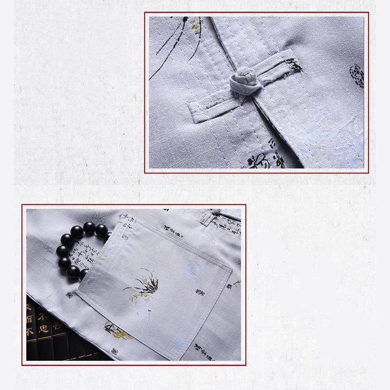 Buddha Stonesカエルボタン フーキャラクター ドラゴン 竹の葉 中国唐装 半袖シャツ リネン ポケット付き - image 12