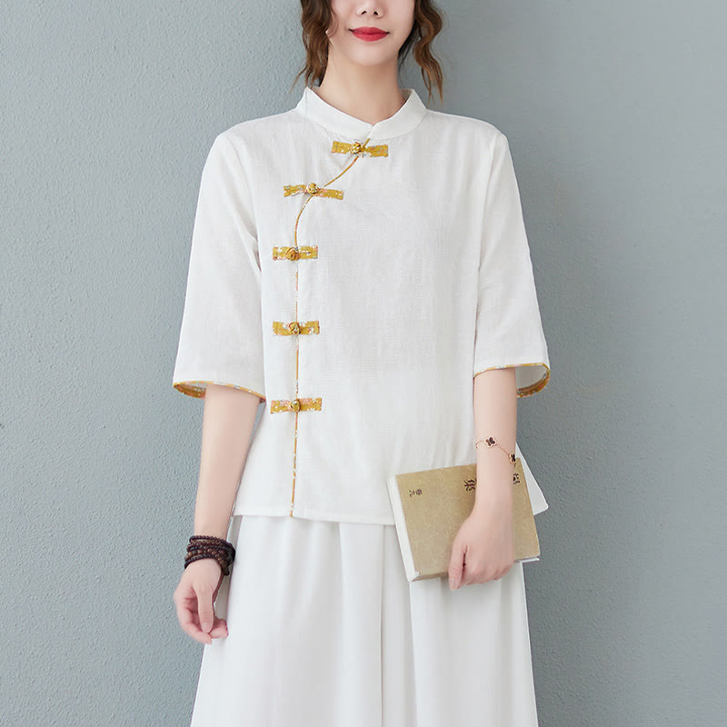 Buddha Stones柄フロッグボタン半袖コットンリネンシャツ - 白 - 2XL（ US8-10、 UK/AU12-14、EU40-42に適合） - image 3