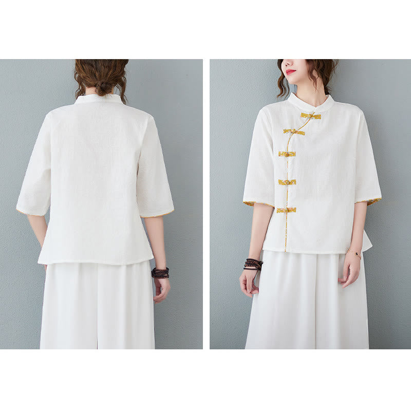 Buddha Stones柄フロッグボタン半袖コットンリネンシャツ - image 6