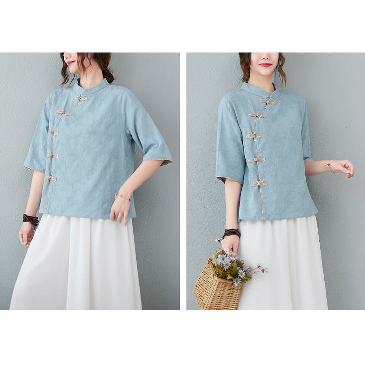 Buddha Stones柄フロッグボタン半袖コットンリネンシャツ - image 9