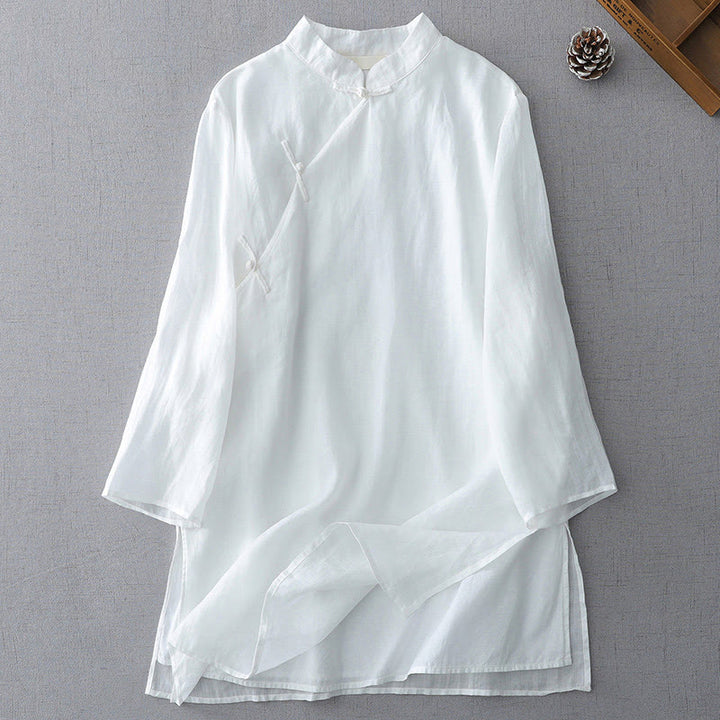 Buddha Stones無地フロッグボタン七分袖二重構造シャツ - 白 - US8-10，UK/AU12-14，EU40-42 (2XL) - image 1