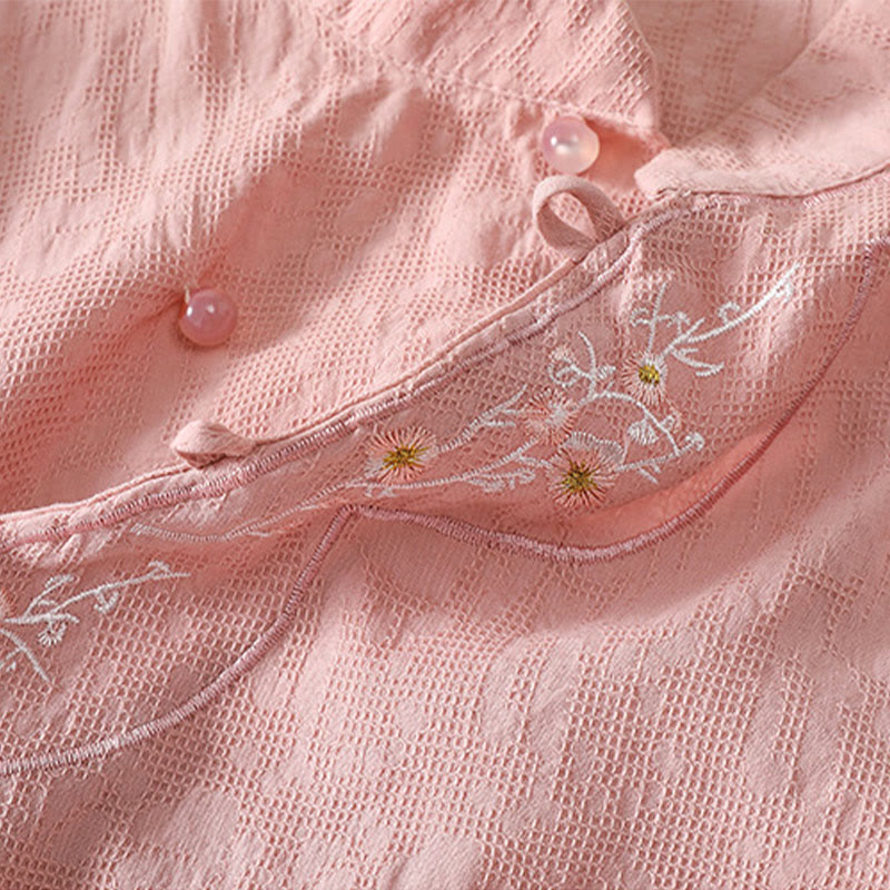 Buddha Stones梅刺繍カエルボタン半袖コットンリネンシャツ - image 7