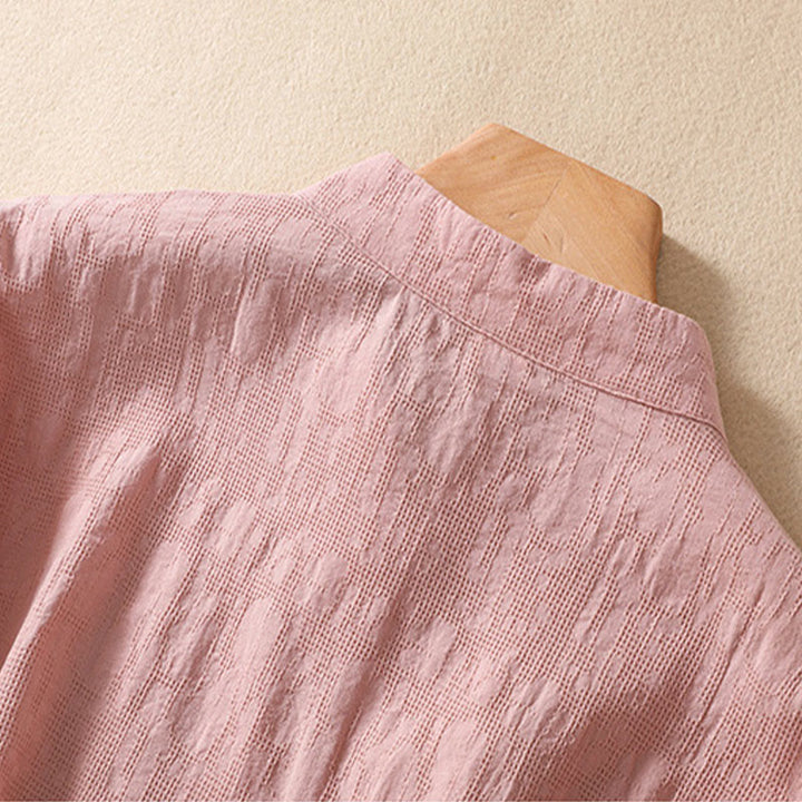 Buddha Stones梅刺繍カエルボタン半袖コットンリネンシャツ - image 4