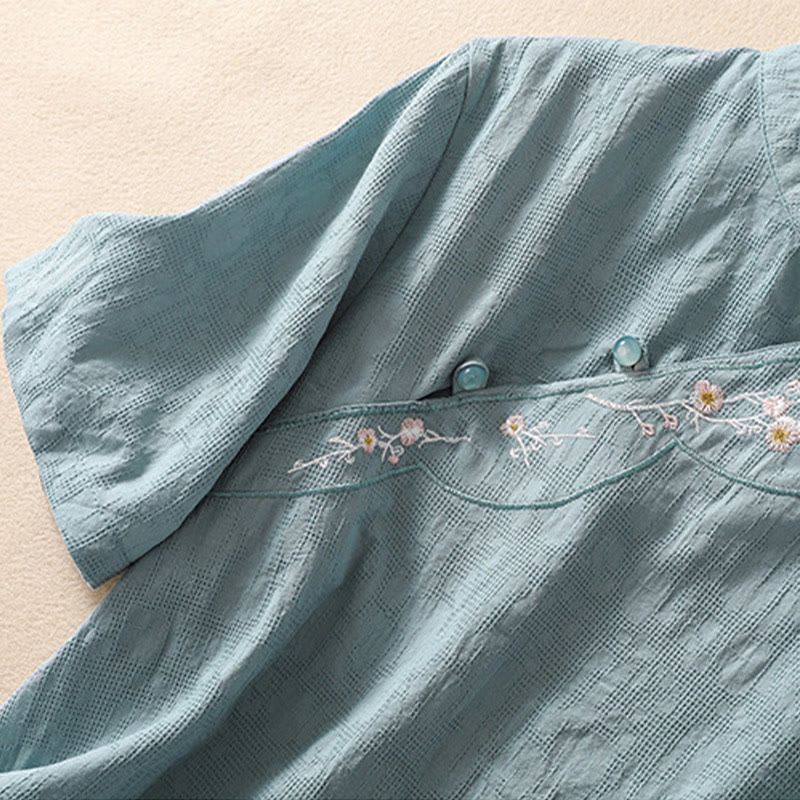 Buddha Stones梅刺繍カエルボタン半袖コットンリネンシャツ - image 22