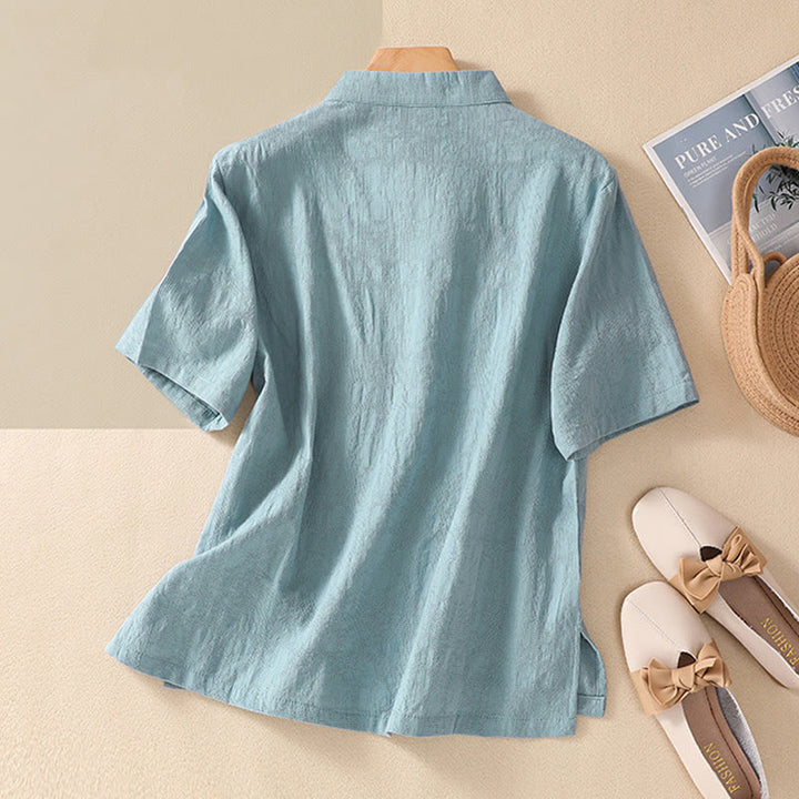 Buddha Stones梅刺繍カエルボタン半袖コットンリネンシャツ - image 19