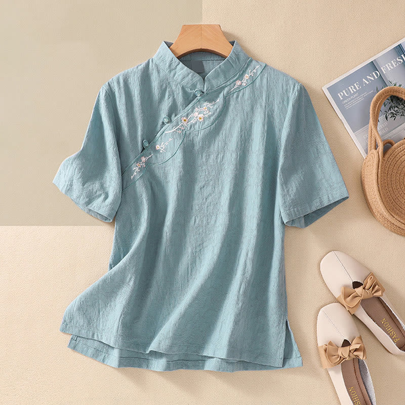 Buddha Stones梅刺繍カエルボタン半袖コットンリネンシャツ - ターコイズ - 2XL（ US8-10、 UK/AU12-14、EU40-42に適合） - image 18