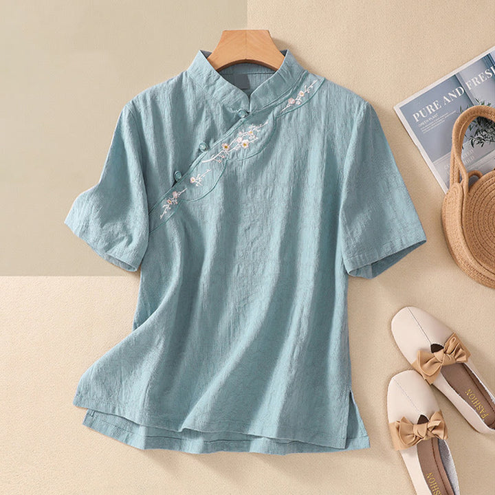 Buddha Stones梅刺繍カエルボタン半袖コットンリネンシャツ - ターコイズ - 2XL（ US8-10、 UK/AU12-14、EU40-42に適合） - image 18