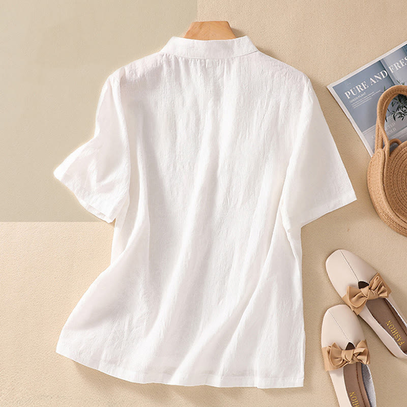 Buddha Stones梅刺繍カエルボタン半袖コットンリネンシャツ - image 25