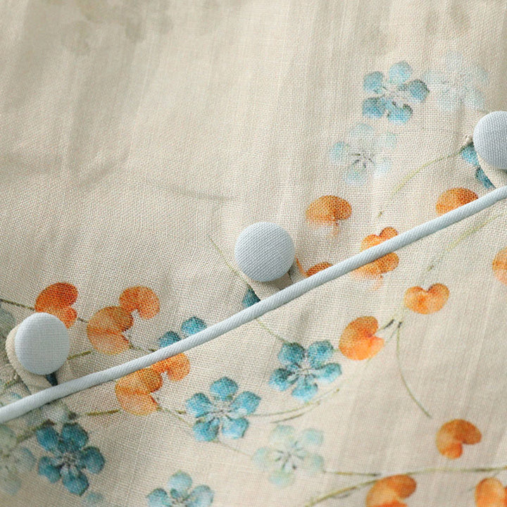 Buddha Stones、青い花、オレンジ色の葉、カエルボタンの七分袖コットンリネンシャツ - image 7