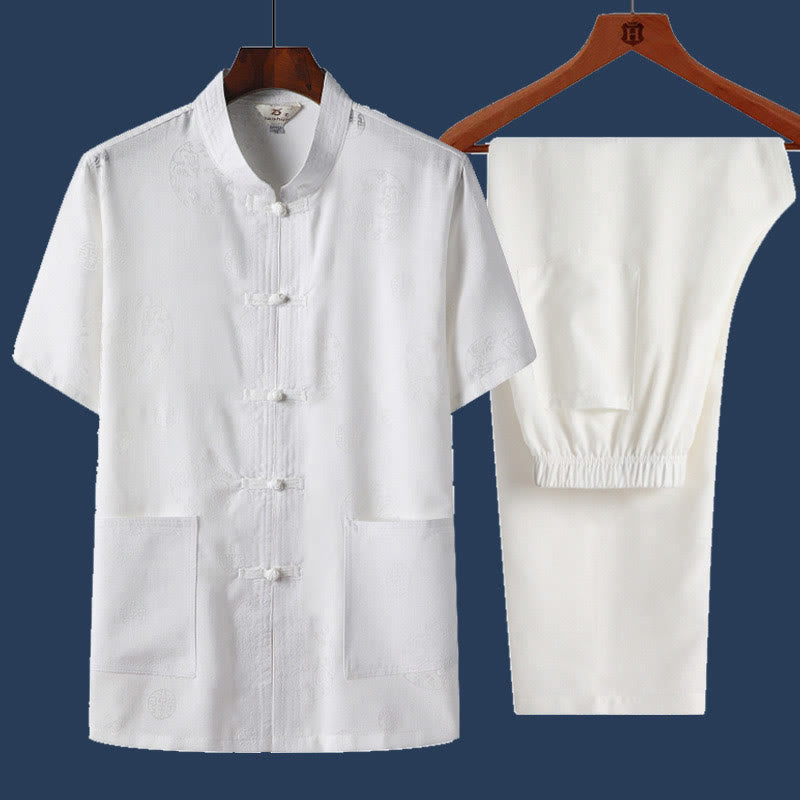 Buddha Stones2個 カエルボタン フーキャラクター ドラゴン 竹の葉 半袖シャツ パンツ メンズセット - 白 - ドラゴン - US/UK/AU46、 EU56 (4XL) - image 8