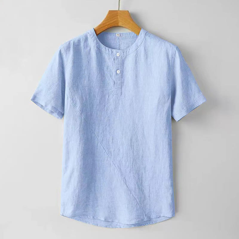 Buddha Stones 夏用 メンズ 半袖 シャツ 無地 コットンリネン素材 ボタン付き - ライトスカイブルー - US/UK/AU48、 EU58 (4XL) - image 10