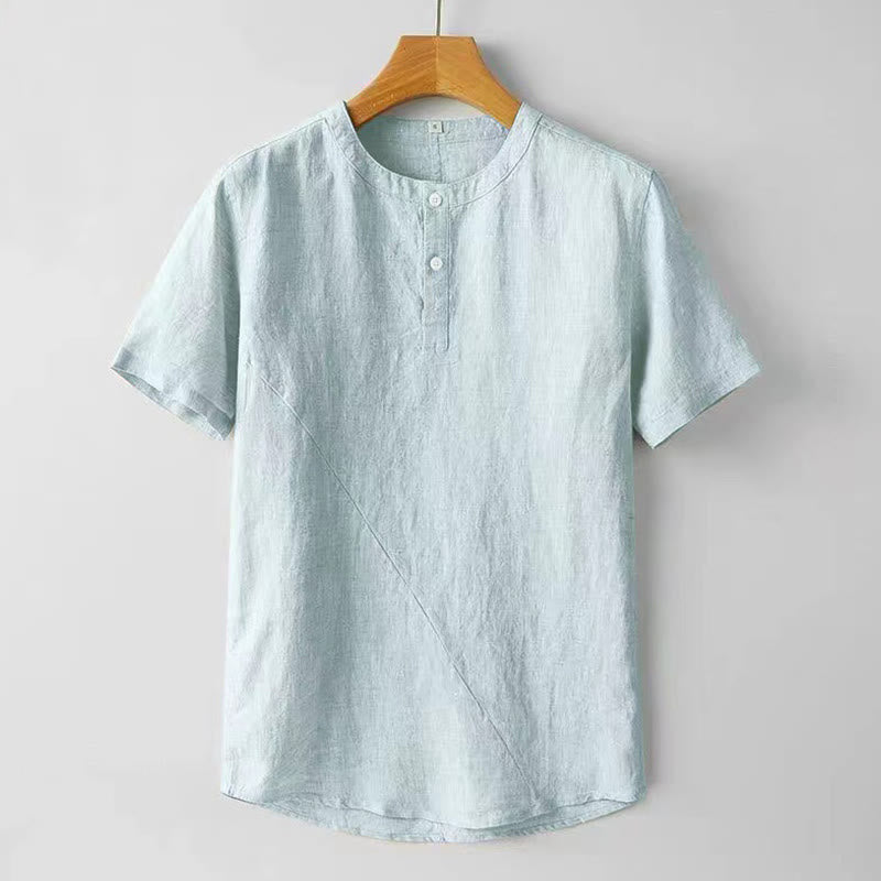 Buddha Stones 夏用 メンズ 半袖 シャツ 無地 コットンリネン素材 ボタン付き - パウダーブルー - US/UK/AU48、 EU58 (4XL) - image 9