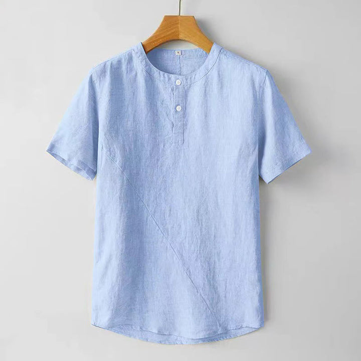Buddha Stones 夏用 メンズ 半袖 シャツ 無地 コットンリネン素材 ボタン付き - ライトスカイブルー - US/UK/AU48、 EU58 (4XL) - image 8