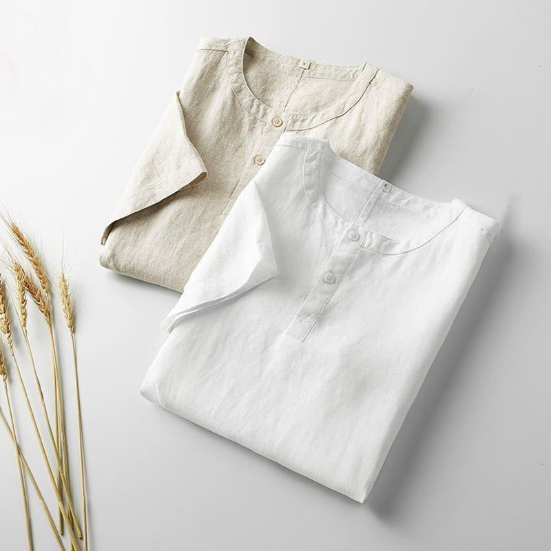 Buddha Stones 夏用 メンズ 半袖 シャツ 無地 コットンリネン素材 ボタン付き - image 1